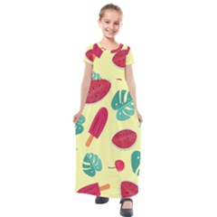 Watermelon Leaves Cherry Background Pattern Kids  Short Sleeve Maxi Dress by nate14shop