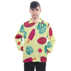 Watermelon Leaves Cherry Background Pattern Men s Half Zip Pullover