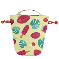 Watermelon Leaves Cherry Background Pattern Drawstring Bucket Bag by nate14shop