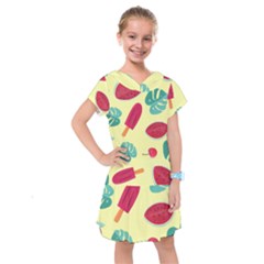 Watermelon Leaves Cherry Background Pattern Kids  Drop Waist Dress