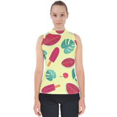 Watermelon Leaves Cherry Background Pattern Mock Neck Shell Top by nate14shop