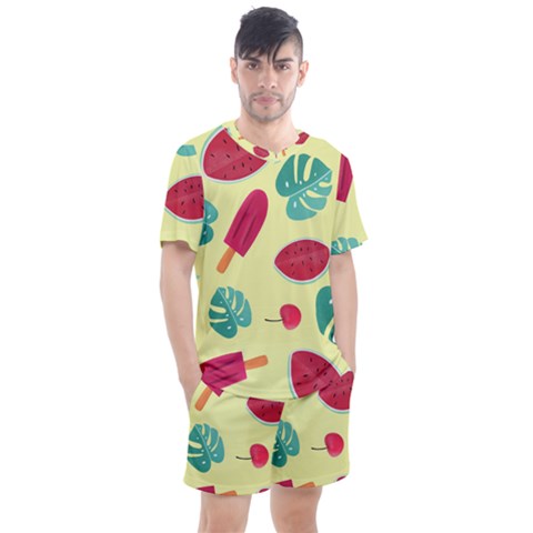 Watermelon Leaves Cherry Background Pattern Men s Mesh Tee And Shorts Set by nate14shop