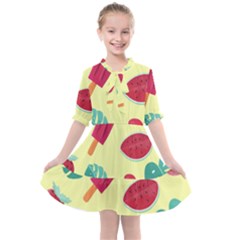 Watermelon Leaves Cherry Background Pattern Kids  All Frills Chiffon Dress by nate14shop