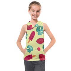 Watermelon Leaves Cherry Background Pattern Kids  Sleeveless Hoodie by nate14shop