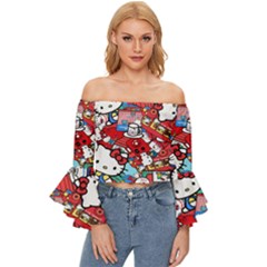 Hello-kitty Off Shoulder Flutter Bell Sleeve Top