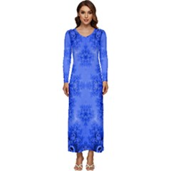 Blue Sky Over The Bluebells Frost Fractal Long Sleeve Velour Longline Maxi Dress by Artist4God