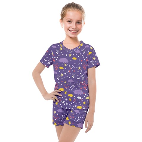 Pattern-cute-clouds-stars Kids  Mesh Tee And Shorts Set by Jancukart