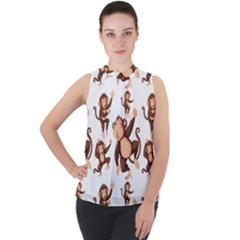 Monkey-seamless-pattern Mock Neck Chiffon Sleeveless Top