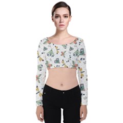 Seamless-pattern-with-moth-butterfly-dragonfly-white-backdrop Velvet Long Sleeve Crop Top