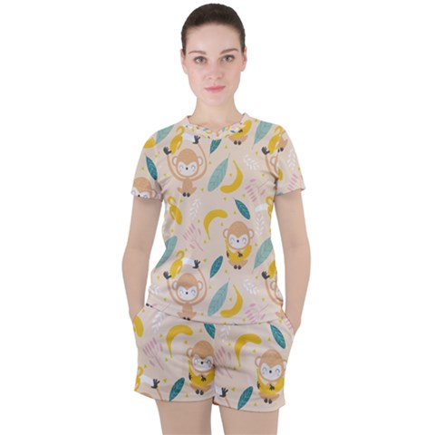 Cute-monkey-banana-seamless-pattern-background Women s Tee And Shorts Set by Jancukart