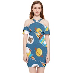 Seamless-pattern-vector-with-spacecraft-funny-animals-astronaut Shoulder Frill Bodycon Summer Dress by Jancukart