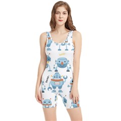 Seamless Pattern With Funny Robot Cartoon Women s Wrestling Singlet by Jancukart