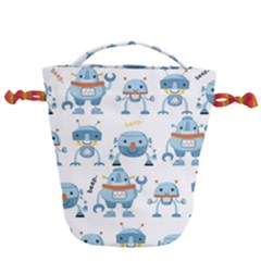 Seamless Pattern With Funny Robot Cartoon Drawstring Bucket Bag by Jancukart