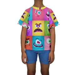 Monsters Emotions Scary Faces Masks With Mouth Eyes Aliens Monsters Emoticon Set Kids  Short Sleeve Swimwear by Jancukart