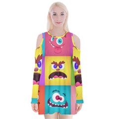 Monsters Emotions Scary Faces Masks With Mouth Eyes Aliens Monsters Emoticon Set Velvet Long Sleeve Shoulder Cutout Dress by Jancukart