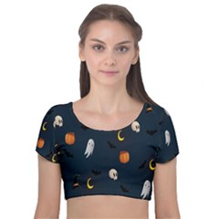 Halloween Ghost Pumpkin Bat Skull Velvet Short Sleeve Crop Top  by artworkshop