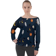 Halloween Ghost Pumpkin Bat Skull Off Shoulder Long Sleeve Velour Top by artworkshop