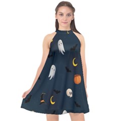 Halloween Ghost Pumpkin Bat Skull Halter Neckline Chiffon Dress  by artworkshop
