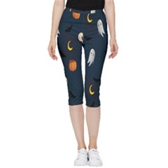 Halloween Ghost Pumpkin Bat Skull Inside Out Lightweight Velour Capri Leggings  by artworkshop