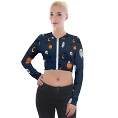 Halloween Ghost Pumpkin Bat Skull Long Sleeve Cropped Velvet Jacket by artworkshop