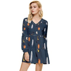 Halloween Ghost Pumpkin Bat Skull Tiered Long Sleeve Mini Dress