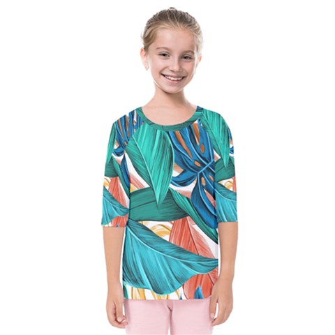 Leaves Tropical Exotic Kids  Quarter Sleeve Raglan Tee by artworkshop