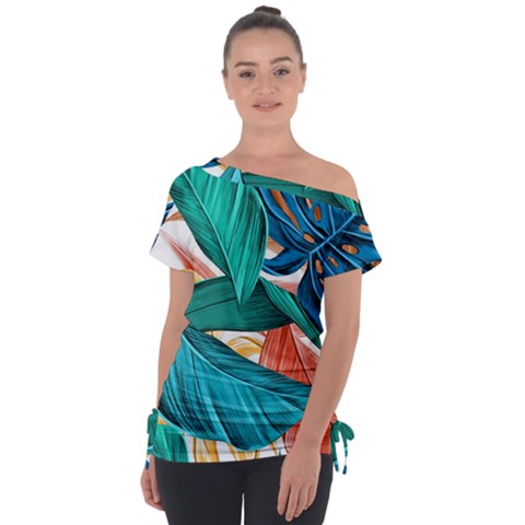 Leaves Tropical Exotic Off Shoulder Tie-up Tee by artworkshop