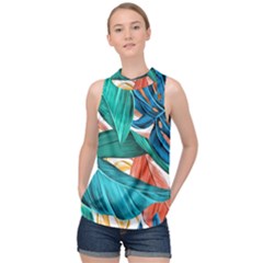 Leaves Tropical Exotic High Neck Satin Top by artworkshop