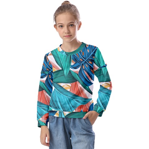 Leaves Tropical Exotic Kids  Long Sleeve Tee With Frill  by artworkshop