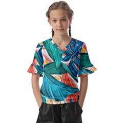 Leaves Tropical Exotic Kids  V-neck Horn Sleeve Blouse