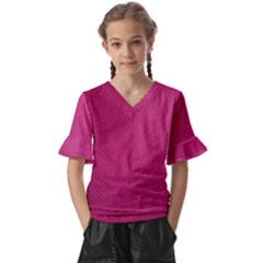 Pink Leather Leather Texture Skin Texture Kids  V-neck Horn Sleeve Blouse