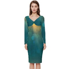 Background Green Long Sleeve V-neck Bodycon Dress  by nate14shop