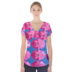 Pink Umbrella Short Sleeve Front Detail Top