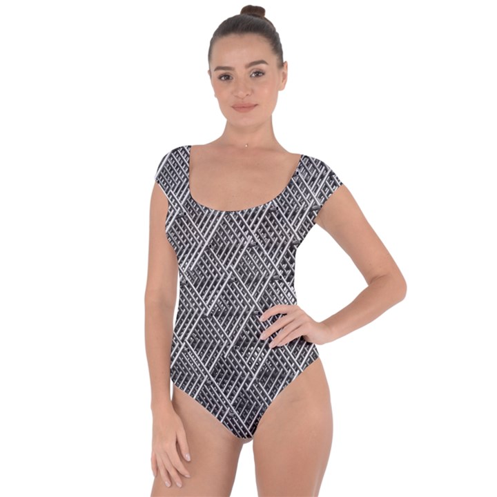 Grid Wire Mesh Stainless Rods Metal Short Sleeve Leotard 