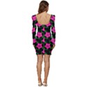 Pink Flowers Black  Women Long Sleeve Ruched Stretch Jersey Dress View4