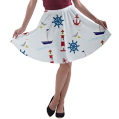 Lighthouse Sail Boat Seagull A-line Skater Skirt by artworkshop
