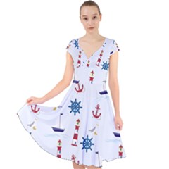 Lighthouse Sail Boat Seagull Cap Sleeve Front Wrap Midi Dress by artworkshop