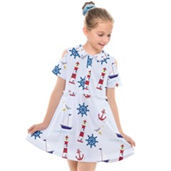 Lighthouse Sail Boat Seagull Kids  Short Sleeve Shirt Dress by artworkshop