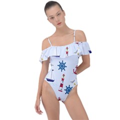 Lighthouse Sail Boat Seagull Frill Detail One Piece Swimsuit by artworkshop