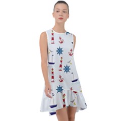 Lighthouse Sail Boat Seagull Frill Swing Dress by artworkshop