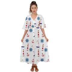 Lighthouse Sail Boat Seagull Kimono Sleeve Boho Dress by artworkshop