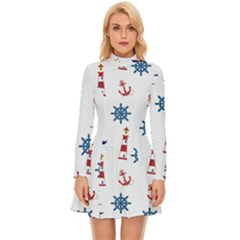 Lighthouse Sail Boat Seagull Long Sleeve Velour Longline Dress by artworkshop