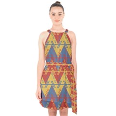 Aztec Halter Collar Waist Tie Chiffon Dress