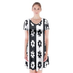 Black-and-white-flower-pattern-by-zebra-stripes-seamless-floral-for-printing-wall-textile-free-vecto Short Sleeve V-neck Flare Dress by nate14shop