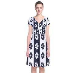 Black-and-white-flower-pattern-by-zebra-stripes-seamless-floral-for-printing-wall-textile-free-vecto Short Sleeve Front Wrap Dress by nate14shop