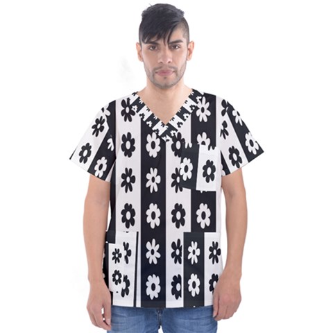 Black-and-white-flower-pattern-by-zebra-stripes-seamless-floral-for-printing-wall-textile-free-vecto Men s V-neck Scrub Top by nate14shop