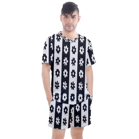 Black-and-white-flower-pattern-by-zebra-stripes-seamless-floral-for-printing-wall-textile-free-vecto Men s Mesh Tee And Shorts Set by nate14shop