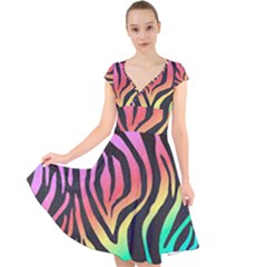 Rainbow Zebra Stripes Cap Sleeve Front Wrap Midi Dress