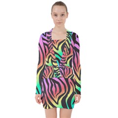 Rainbow Zebra Stripes V-neck Bodycon Long Sleeve Dress