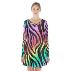 Rainbow Zebra Stripes Long Sleeve Velvet V-neck Dress